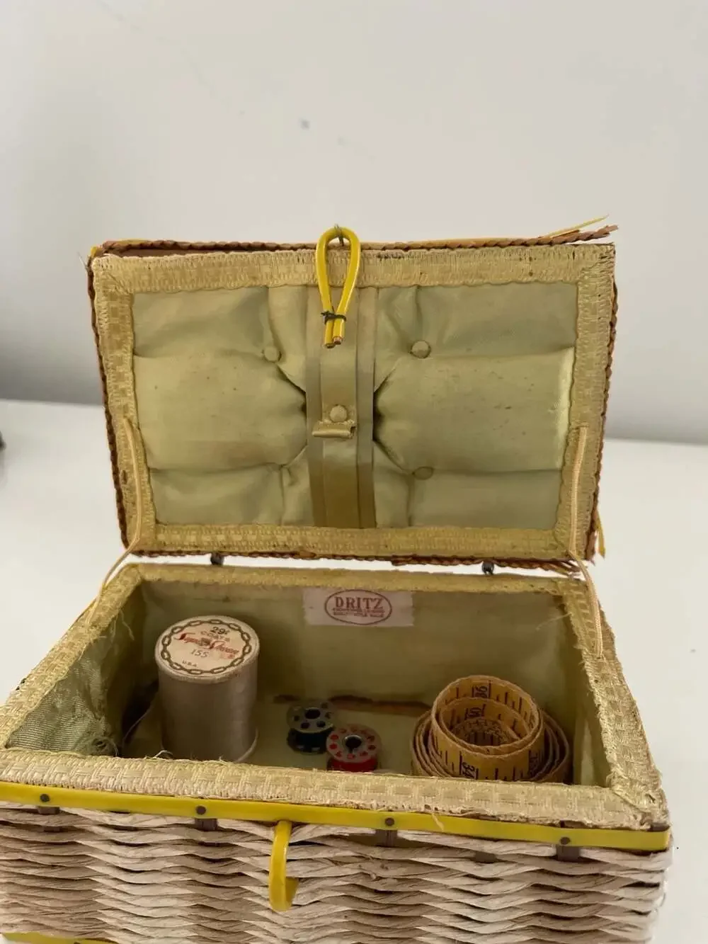 Vintage Dritz Woven Wicker Sewing Basket with Quilted Satin Lining Bright Yellow